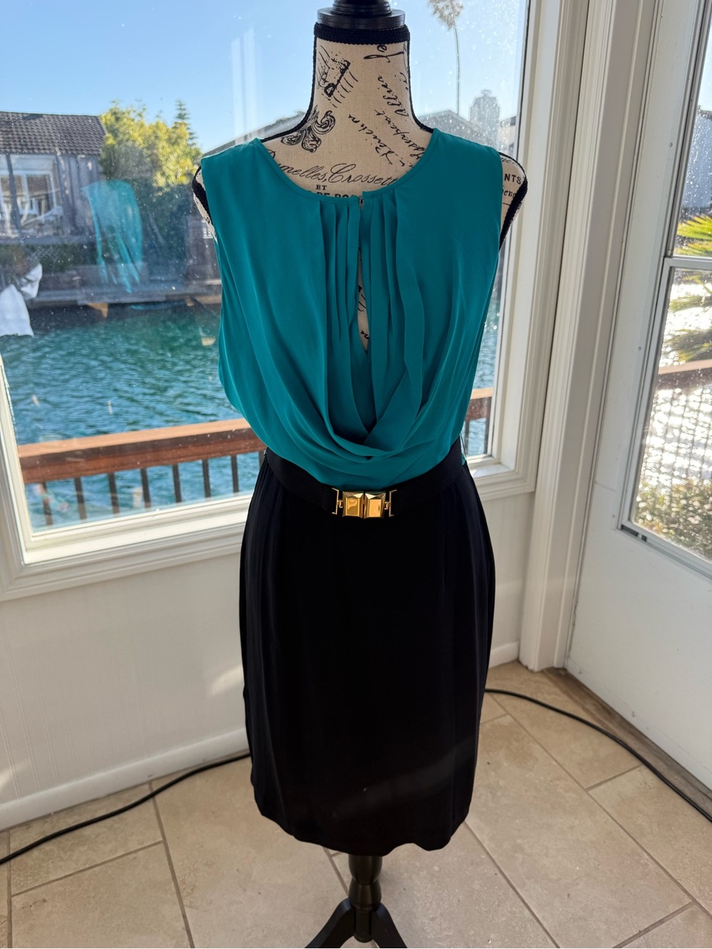 BCBGMaxAzria Teal and Black Draped Midi Dress with Gold Buckle